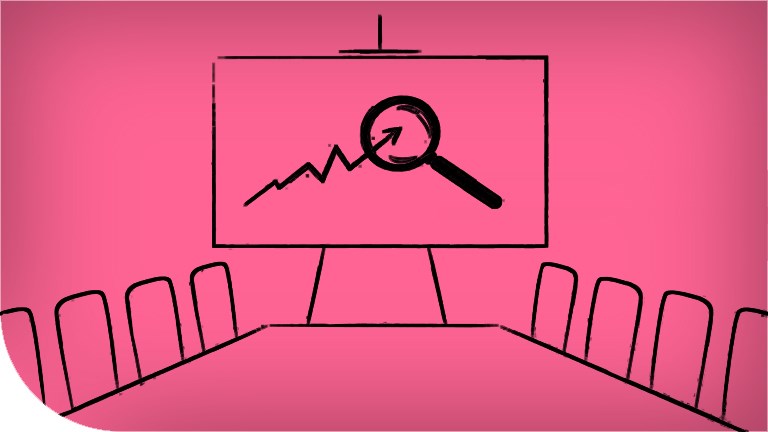 Stiliserat, ritat konferenserum. I mitten av bilden en "presentation" med en graf och förstoringsglas. Rosa bakgrund.