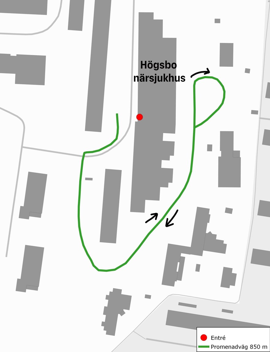 Karta som visar promenadväg i anslutning till Högsbo närsjukhus.