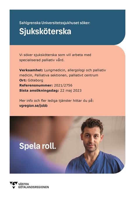 Blå annons sahlgrenska söker sjuksköterska med bild på läkare i blå uniform