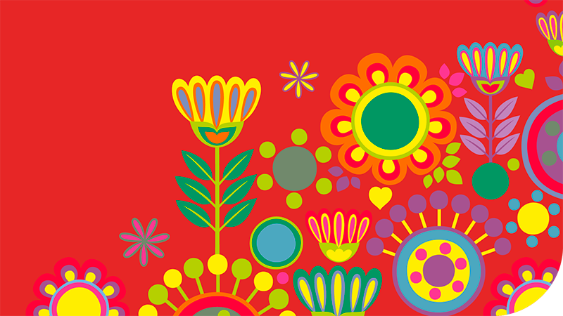 Grafiskt mönster. Röd färg i botten. Grafiska blommor i olika former, mönster och glada färger. 