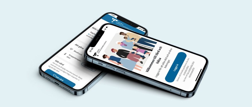 Två mobiltelefoner som visar startsidan för appen Vård och hälsa.
